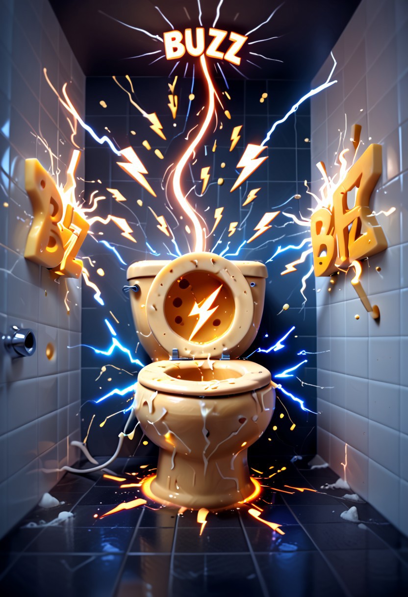 a toilet made entirely of cheese, Cheese style, erupting with glowing blue and orange electricity, Buzz2, stylized lightning bolt symbols shooting from the bowl, sparks and energy arcs exploding into the air, glowing electric aura surrounding it, melted cheese splashing outward with each electric burst, surreal and absurd humor, cinematic lighting, high detail, whimsical and chaotic, absurd product ad aesthetic, retro poster vibes, clean white tiled bathroom
Text placement:
Top of the image: "BUZZ ME" in bold, glowing letters