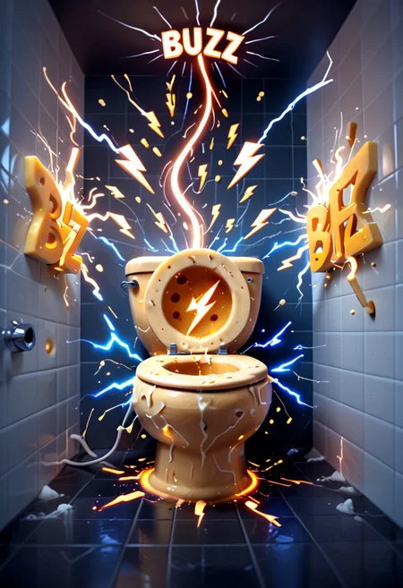 a toilet made entirely of cheese, Cheese style, erupting with glowing blue and orange electricity, Buzz2, stylized lightning bolt symbols shooting from the bowl, sparks and energy arcs exploding into the air, glowing electric aura surrounding it, melted cheese splashing outward with each electric burst, surreal and absurd humor, cinematic lighting, high detail, whimsical and chaotic, absurd product ad aesthetic, retro poster vibes, clean white tiled bathroom
Text placement:
Top of the image: "BUZZ ME" in bold, glowing letters