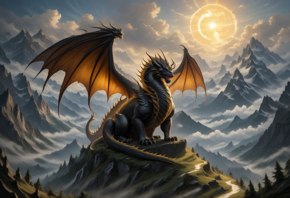 "On top of the highest mountain, surrounded by clouds, sits a dragon with wings as wide as mountains. His body is covered with hair, and his horns reach the stars. The sun rises behind him, lighting the landscape in gold and creating a halo around the dragon ."