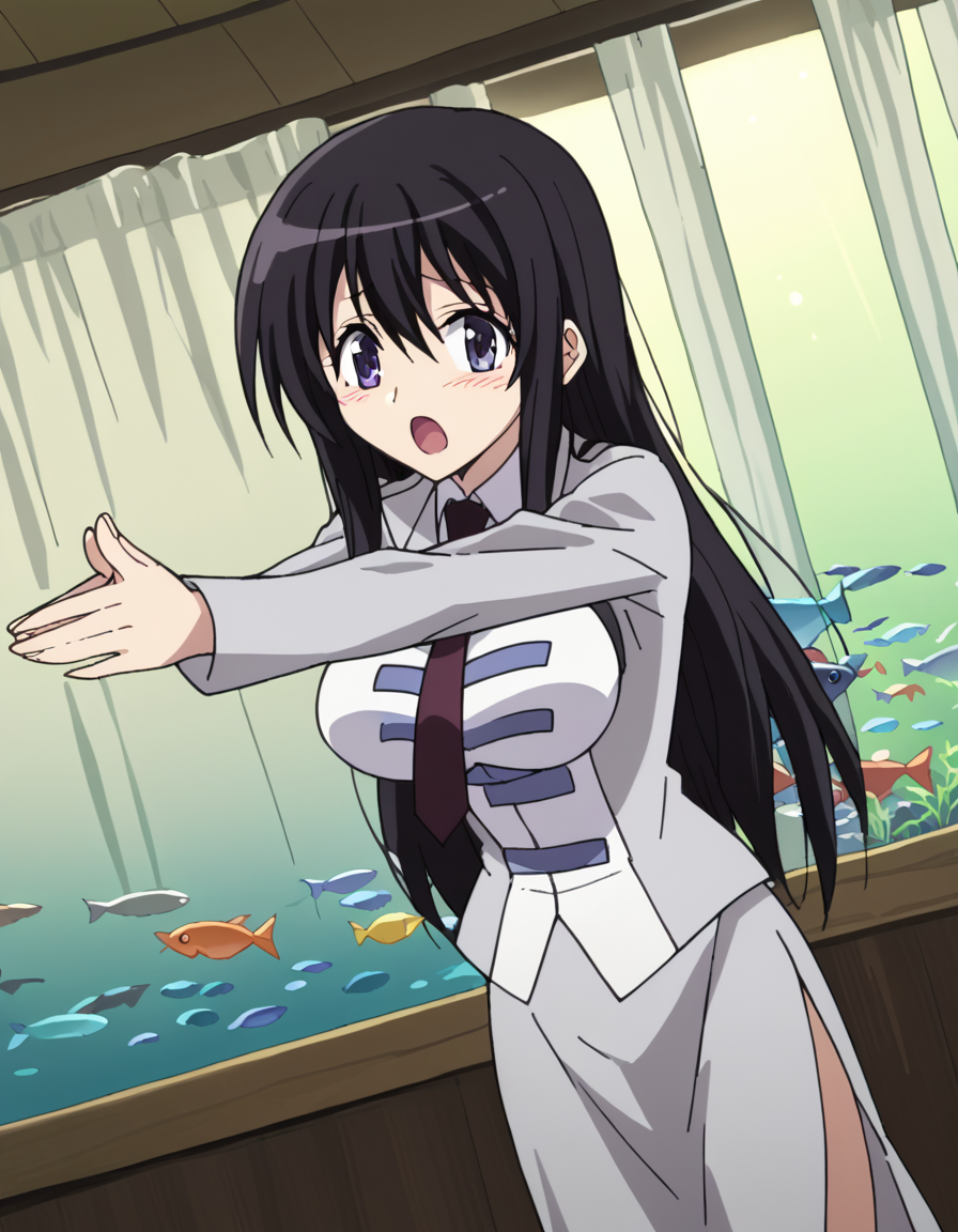 score_9, score_8_up, score_7_up, source_anime, <lora:kyouko-sonan-s1-ponyxl-lora-nochekaiser:1>, kyouko sonan, long hair, black hair, purple eyes, hair between eyes, sidelocks, anime screencap,, skirt, long sleeves, uniform, side slit, skirt suit, necktie, large breasts,, stage, curtains, spotlight, audience, microphone, , <lora:sakana-ponyxl-lora-nochekaiser:1> sakana, sakana~ (meme), meme, aquarium, standing on one leg, palms together, fish tank, own hands together, standing, outstretched arms, closed eyes, blush, open mouth,, looking at viewer, solo,, dutch angle, cowboy shot