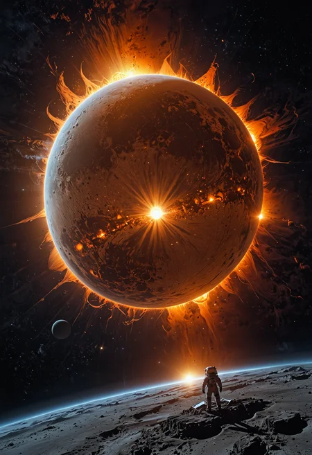 The Moon, centered, casts a dark umbra on Earth, depicting the path of totality. The Sun, in radiant oranges and yellows, forms a stunning corona effect around the Moon, all aligned casting a fading black hole sun halo in the space, orbit space vfx, exosphere, cosmic, astral, quantic, cold and warm,energy-filled epic science fiction film concept digital art by maciej kuciara and vincent di fate,1998 NASA photo, hasselblad electric camera 70mm film, skylab flashlight photography, in the style of Interstellar by Christopher Nolan <lora:EpicF4nta5yXL:0.8>