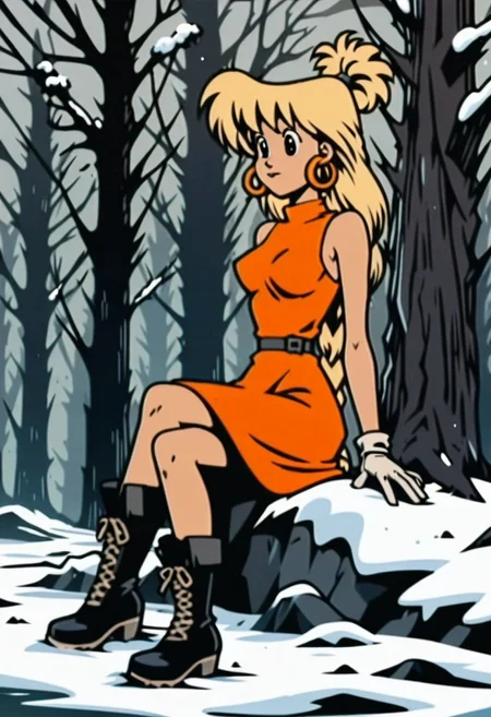score_9, score_8_up, score_7_up, score_6
woman, tiffany, kangoo,detailed eyes, detailed face, (retro artstyle, 1990s \(style\), flat color, toon \(style\)),1girl, female, dress, solo, female,black eyes, breasts, outdoors, red dress, snow, tree, signature, medium breasts, sleeveless dress, boots, black footwear, sleeveless, orange dress, closed mouth, bare shoulders, full body, body, alternate hair length, long hair, alternate hairstyle, arm support, gloves, sitting,blonde hair