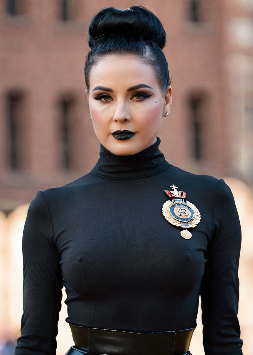photo of a woman, ((black hair, hair up, hair in bun)), ((cowboy shot, waist, hips, thighs)), ((outdoors, military parade, turtleneck bodysuit, military medals, cape)),serious, ((dark lipstick, heavy eyeliner, heavy eye shadow, blush, goth makeup)), ((best quality, masterpiece, extreme details, high resolution):1.2),((detailed eyes, beautiful eyes, detailed face, beautiful face):1.2) <lora:MS_Dita_von_Teese_V1_SDXL:0.9>
