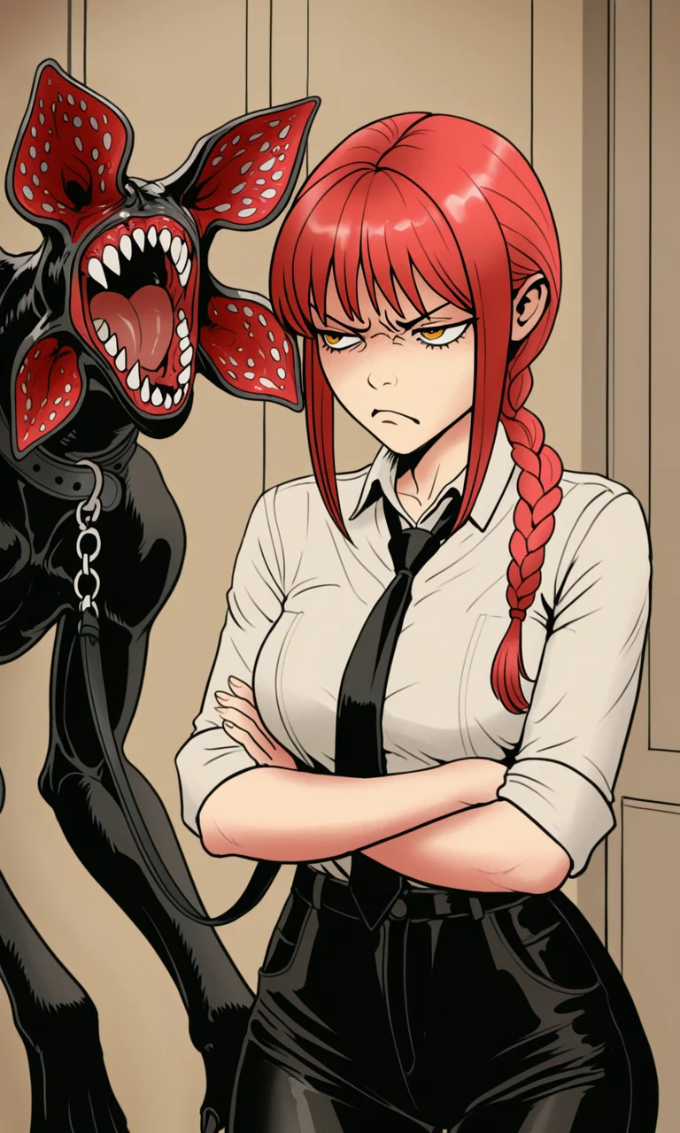 embedding:IllusP0s, f3rn4nd0, pet collared demogorgon, holding leash, makima, annoyed, white shirt, black tie, arms crossed, 1girl, solo, black pants,<lora:Style_soph-Fernando-ILXL.safetensors:1.0:1.0> <lora:pet collared demogorgon, leash_illustrious.safetensors:1:1>