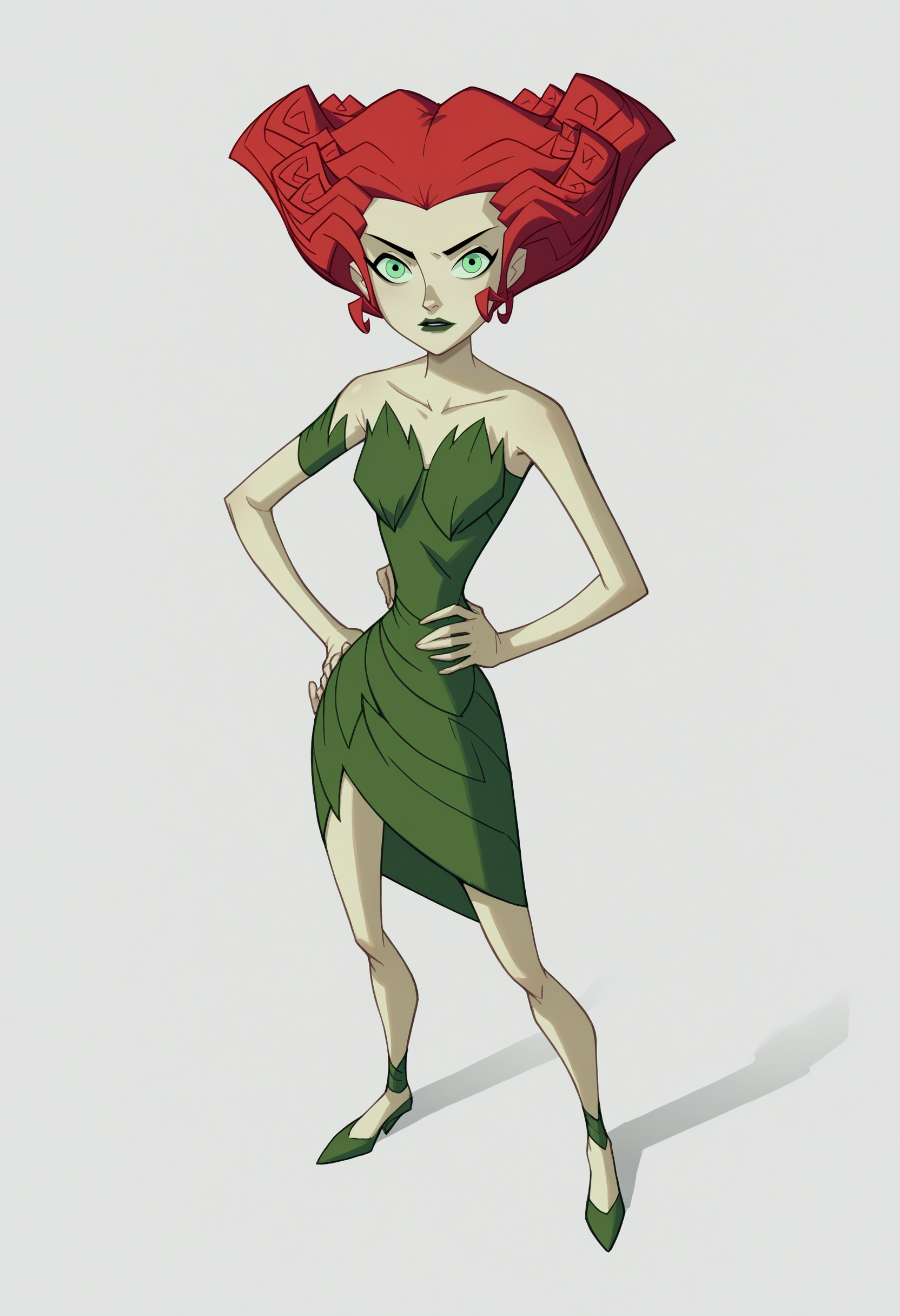 score_9, score_8_up, score_7_up, BREAK,
1girl, poisonivy, red hair, green eyes, lipstick,
strapless dress, pale green skin, bare shoulders,
full body, standing, hands on hips, solo, looking at viewer, simple background, white background  <lora:PoisonIvyPDXL_byKonan:1>