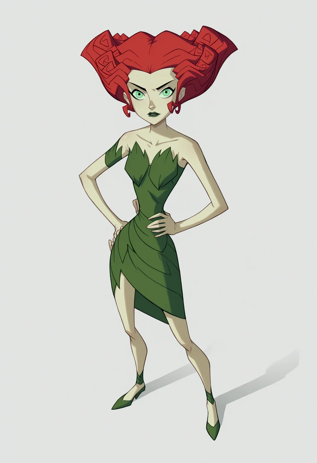 score_9, score_8_up, score_7_up, BREAK,
1girl, poisonivy, red hair, green eyes, lipstick,
strapless dress, pale green skin, bare shoulders,
full body, standing, hands on hips, solo, looking at viewer, simple background, white background <lora:PoisonIvyPDXL_byKonan:1>