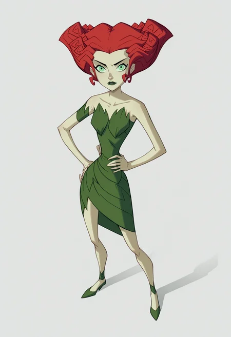 score_9, score_8_up, score_7_up, BREAK,
1girl, poisonivy, red hair, green eyes, lipstick,
strapless dress, pale green skin, bare shoulders,
full body, standing, hands on hips, solo, looking at viewer, simple background, white background <lora:PoisonIvyPDXL_byKonan:1>