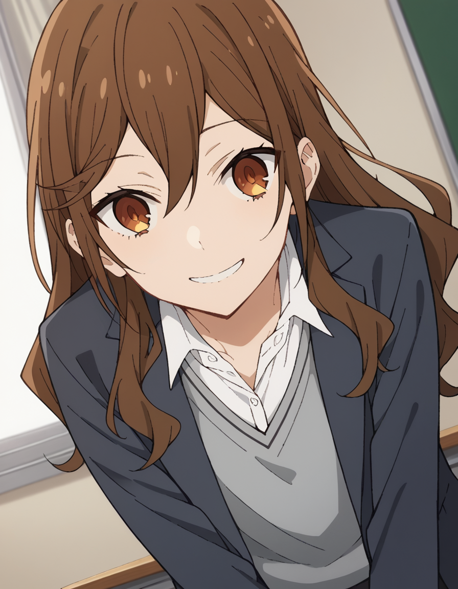 score_9, score_8_up, score_7_up, source_anime,
kyoukohori,  <lora:kyouko-hori-s2-ponyxl-lora-nochekaiser:1>,
kyouko hori, long hair, bangs, brown hair, hair between eyes, brown eyes,
shirt, school uniform, jacket, collared shirt, blazer, sweater, grey sweater, white shirt, black blazer, skirt, black skirt,
indoors, classroom, smile, bent over,
cowboy shot, looking at viewer, solo, dutch angle,