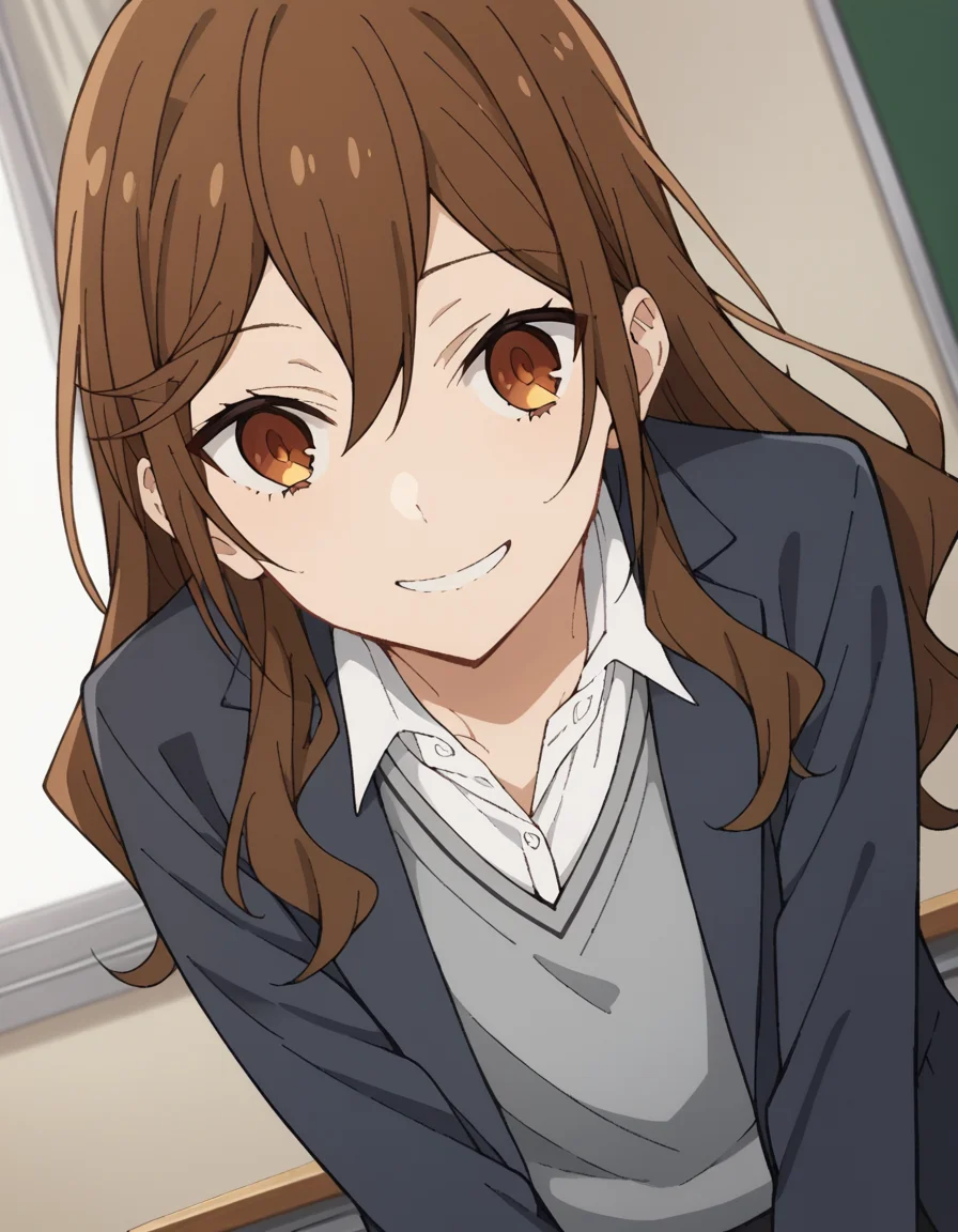 score_9, score_8_up, score_7_up, source_anime,
kyoukohori, <lora:kyouko-hori-s2-ponyxl-lora-nochekaiser:1>,
kyouko hori, long hair, bangs, brown hair, hair between eyes, brown eyes,
shirt, school uniform, jacket, collared shirt, blazer, sweater, grey sweater, white shirt, black blazer, skirt, black skirt,
indoors, classroom, smile, bent over,
cowboy shot, looking at viewer, solo, dutch angle,