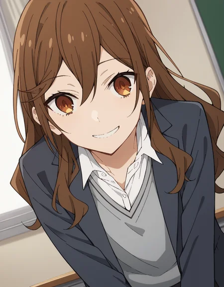 score_9, score_8_up, score_7_up, source_anime,
kyoukohori,  <lora:kyouko-hori-s2-ponyxl-lora-nochekaiser:1>,
kyouko hori, long hair, bangs, brown hair, hair between eyes, brown eyes,
shirt, school uniform, jacket, collared shirt, blazer, sweater, grey sweater, white shirt, black blazer, skirt, black skirt,
indoors, classroom, smile, bent over,
cowboy shot, looking at viewer, solo, dutch angle,