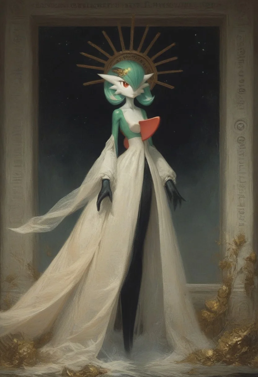 ((score_9, score_8_up, score_7_up)), (high contrast), (flat shapes), vertical lines, oil painting, realistic, grimdark,
gardevoir, green_hair, green_skin, hair_over_one_eye, pokemon,
An enigmatic figure of an old god, (golden metalic mask of alien cat), black skin, majestic white outfit, holding huge gold spear, metallic, ((jewelry)), Ancient mystique. gesturing hands, bare feet, Egyptian.
surreal background, under a dark starry sky. The style of a vintage, high-contrast setting. Emphasize theatrical elements, extreme contrast of bright colors against dark, moody backgrounds, ph4nt0m01l, style-empire, hand