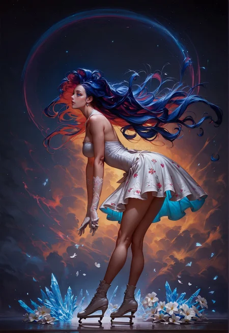 score_9, score_8_up, score_7_up, rating_safe, solo, side view, full body, (ice skating:1.2), dynamic pose, realistic, concept art, galaxy, 1girl, stars, milky way, love, heart, red hair, stunning white dress, white lace gloves, white flowers, white tulips, floral decoration, legs <lora:pony/twilight_style:0.8> <lora:pony/expressiveh:0.8> expressiveh <lora:pony/vixon_galaxy:0.65> g4l4xy <lora:sdxl/sinfully_stylish_sdxl>