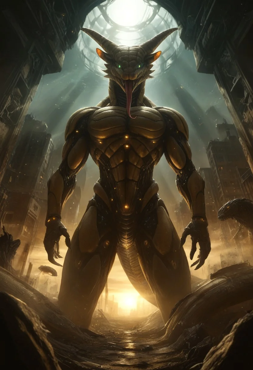 DonMX3n0T3chXL, anthropomorphic_snakes_(naga), futuristic robot snake, fully metal snake, mecha snake, giant mech robot snake, standing tall, Naruto_Manda, snake, slit pupils, green eyes, purple body, body markings, black eye markings, 2 pair of horns, black belly scales, blue tongue, forked tongue, low angle, dramatic lighting, volumetric lighting, ruined city background, detailed background, ruined sky scrapers in background, destroyed city background,