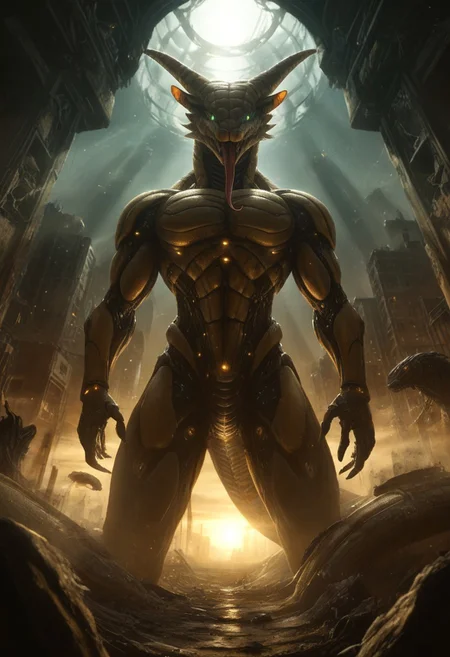 DonMX3n0T3chXL, anthropomorphic_snakes_(naga), futuristic robot snake, fully metal snake, mecha snake, giant mech robot snake, standing tall, Naruto_Manda, snake, slit pupils, green eyes, purple body, body markings, black eye markings, 2 pair of horns, black belly scales, blue tongue, forked tongue, low angle, dramatic lighting, volumetric lighting, ruined city background, detailed background, ruined sky scrapers in background, destroyed city background,