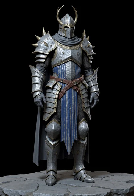 A warrior wearing buckly and sharp angled distinctive brutalist forms armor crafted from mithril - The armor showcases the characteristic iridescent patterns and vibrant colors of mithril , with deep blue and earthy gray creating natural striped patterns across the chest piece and leg guards. Heavy rocky pauldrons and a norman helmet with thick neck guard provide additional protection, while the overall silhouette remains sharp angled and imposing. The armor is complemented by mithril pants and brutalist imposing heavy boots at the base. The mineral patterns of the mithril create an armor set that looks ancient with the metallic sheen of the mithril catching the light against the black backdrop.
Standing on a flat gray ground and black background, the camera angle is high rotated at a 45 degree angle
Set against a solid dark black color background to emphasize its unnatural form that emphasizes its silhouette. The medium is not a traditional painting or illustrative medium like watercolor or ink but rather a digital 3D rendering.
MikeFranchinastyle, bbstyle,, horror theme,, ZBClay model of a gray sculpture, zbrush, d4arks0uls, overcast lighting, jedioutfit