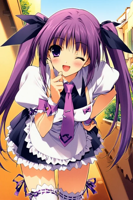 1girl,solo,one eye closed,thighhighs,necktie,purple hair,ribbon,waitress,long hair,purple eyes,open mouth,hair ribbon,blush,zettai ryouiki,white thighhighs,smile,wrist cuffs,;d,leaning forward,ribbon-trimmed legwear,hand on hip,twintails,old version,<lora:Suzuhira Hiro_XL:0.8>,