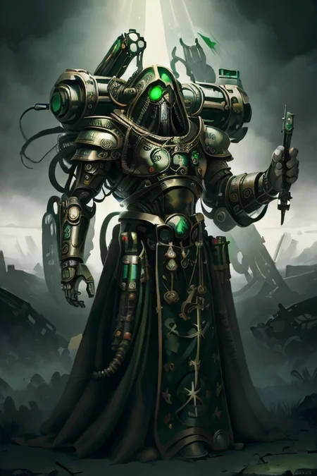 ((masterpiece,best quality)), absurdres, mechanical arms, green robes, hood, (techpriest), cyborg, mechanical face, (CeltPunkAI)