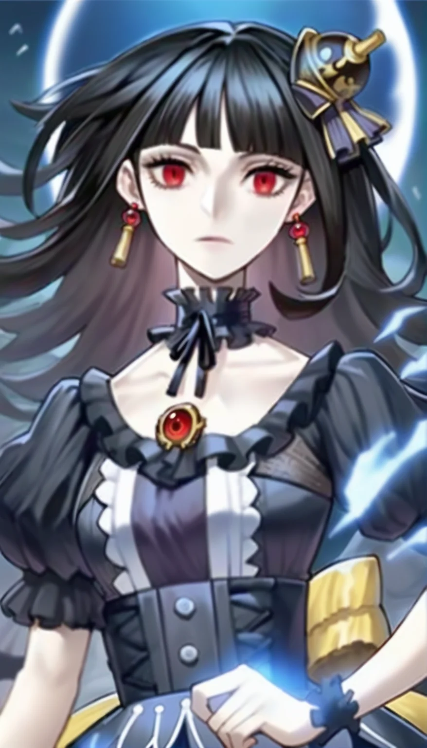 score_9,score_8_up,score_7_up,
<lora:underworldgoddess:0.9>,underworldgoddess,moon of the closed heaven,
1girl,solo,pale skin,black hair,blunt bangs,bouncing hair,red eyes,looking at viewer,facing viewer,hair ornament,earrings,black neckerchief,black ribbon,intricate frills and lace,jewelry,gothic attire,victorian-inspired dress,puffy sleeves,portrait,
outdoors,blurred background,total solar eclipse,dragon-like shadowy figure behind her,shattered particle effects,glowing light effects,surreal atmosphere,magical aura,