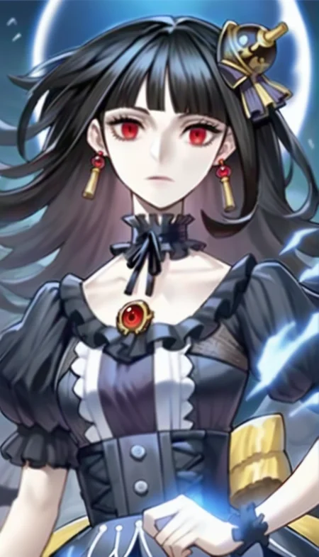 score_9,score_8_up,score_7_up,
<lora:underworldgoddess:0.9>,underworldgoddess,moon of the closed heaven,
1girl,solo,pale skin,black hair,blunt bangs,bouncing hair,red eyes,looking at viewer,facing viewer,hair ornament,earrings,black neckerchief,black ribbon,intricate frills and lace,jewelry,gothic attire,victorian-inspired dress,puffy sleeves,portrait,
outdoors,blurred background,total solar eclipse,dragon-like shadowy figure behind her,shattered particle effects,glowing light effects,surreal atmosphere,magical aura,