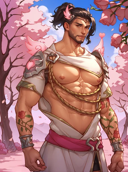 cupid_hanzo man, bara, black hair, ponytail, dark brown eyes, facial hair, pink. hearts, greek clothes, rose tattoos, outdoors, cherry blossom background <lora:Cupid_Hanzo:.8>, score_9, score_8_up, score_7_up, <lora:add-detail-xl:.8> zPDXL3,