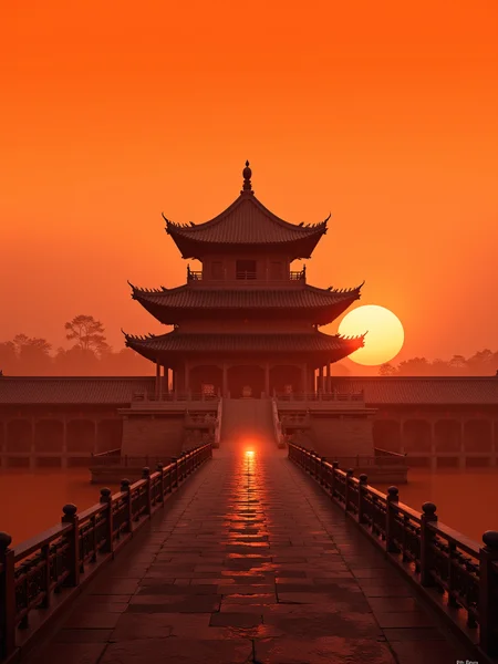 Altar and Temple Architecture: An illustrative depiction of a traditional Chinese altar or temple,a testament to China's deep-rooted cultural heritage,under the serene backdrop of a setting sun.,
The image presents a well-preserved altar or temple,a symbol of ancient Chinese architecture,standing in its full glory against the warm,golden light of the sunset. The structure,with its sweeping roof,intricate carvings,and balanced proportions,is bathed in the soft glow of the declining day,highlighting the temple's historical and spiritual significance.,
The temple's silhouette is accentuated by the sunset,creating a striking contrast between the ancient stonework and the vibrant sky. The scene evokes a sense of reverence and tranquility,encapsulating the essence of China's architectural and cultural legacy.,
This portrayal captures the timeless beauty of altar and temple architecture in China,with the sunset serving as a metaphor for the enduring spirit of Chinese tradition and the passage of time. The image conveys a deep appreciation for the artistry and craftsmanship of ancient Chinese builders,and the enduring relevance of these sacred structures in contemporary society.,