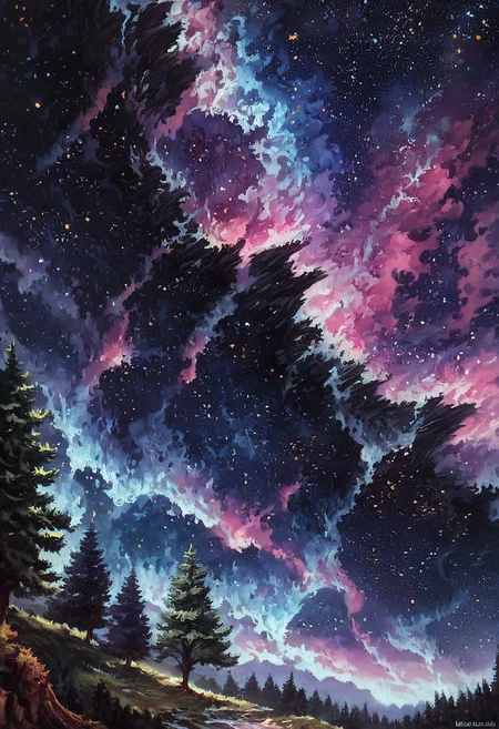 score_9, score_8_up, score_7_up, (detailed trees), detailed landscape, beautiful stars view, bright stars, anime landscape, close shot, cliff, crooked trees, (night), brutal waves, beautiful oil matte painting, epic, style of thomas kinkade, beautiful digital painting, epic painting, dreamlike digital painting, colorful painting