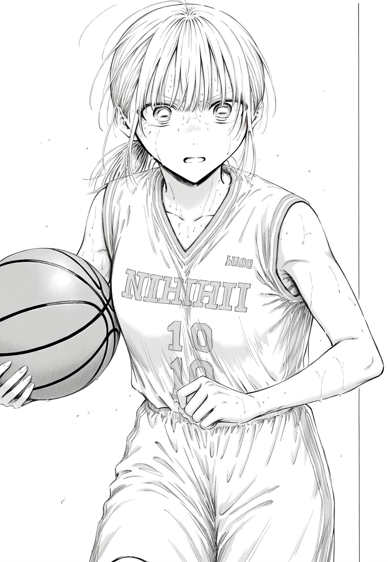 chinatsu kano (old), straight bangs, medium-length hair, medium chest, youthful body, manga, monochrome, ponytail, wearing a basketball jersey with number 10, athletic shorts, mid-game pose holding the ball with one hand, determined expression, sweat on her brow
