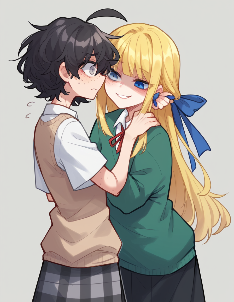 score_9, score_8_up, score_7_up, score_6_up, score_5_up, score_4_up, solo, 2girls,<lora:Popoka_v3:0.8> ppka, blind girl \(popopoka\), black hair, short hair, messy hair, ahoge, freckles, grey eyes, empty eyes, blind, white shirt, beige sweater vest, plaid skirt, grey skirt, odd socks, different socks, nervous, flying sweatdrops, facing away,
score_9, score_8_up, score_7_up, score_6_up, score_5_up, score_4_up, solo, 2girls, blonde girl \(popopoka\), blonde hair, long hair, hair ribbon, blunt bangs, blue ribbon, blue eyes, green sweater, white collared shirt, black skirt, black pantyhose, shaded face, smug, 2girls, (whispering in ear:1.4), arms around neck,