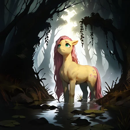 score_9, score_8_up, score_7_up, score_6_up, score_5_up, score_4_up, counterlight, soft light, soft shadows, morning, d3t41l3d, Expressiveh BadDream, 4k,8k,Ultra HD,Masterpiece,Best quality,Detailed,Detailed background, expressive eyes, tiny, my little pony, (((feral))), nude, fluttershy, scared, ((cute)), (((fur))), animal, swamp, dark forest, dark fantasy, 80s dark fantasy, dark, fog, mist, terror, green color palette, obscure.