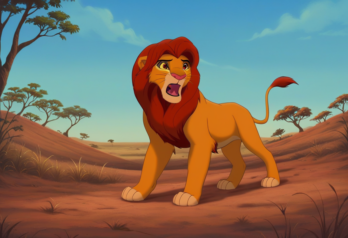 core_9, score_8_up, score_7_up, , g4n1m3, comicbookpage style,
solo,
savanna background, savanna and trees and sky in the background
 <lora:J_cartoon:0.70>
 <lora:sn0w:0.45>
 <lora:princess_xl_v2:0.8>
 <lora:Furry Enhancer 6.1:0.4>
BREAK
(simba:1.2, lion), red mane, red hair, light brownish gold fur, male, red eyes, (roaring),
 <lora:Furry_Lora_Simba_Lion_King-000005:0.6>