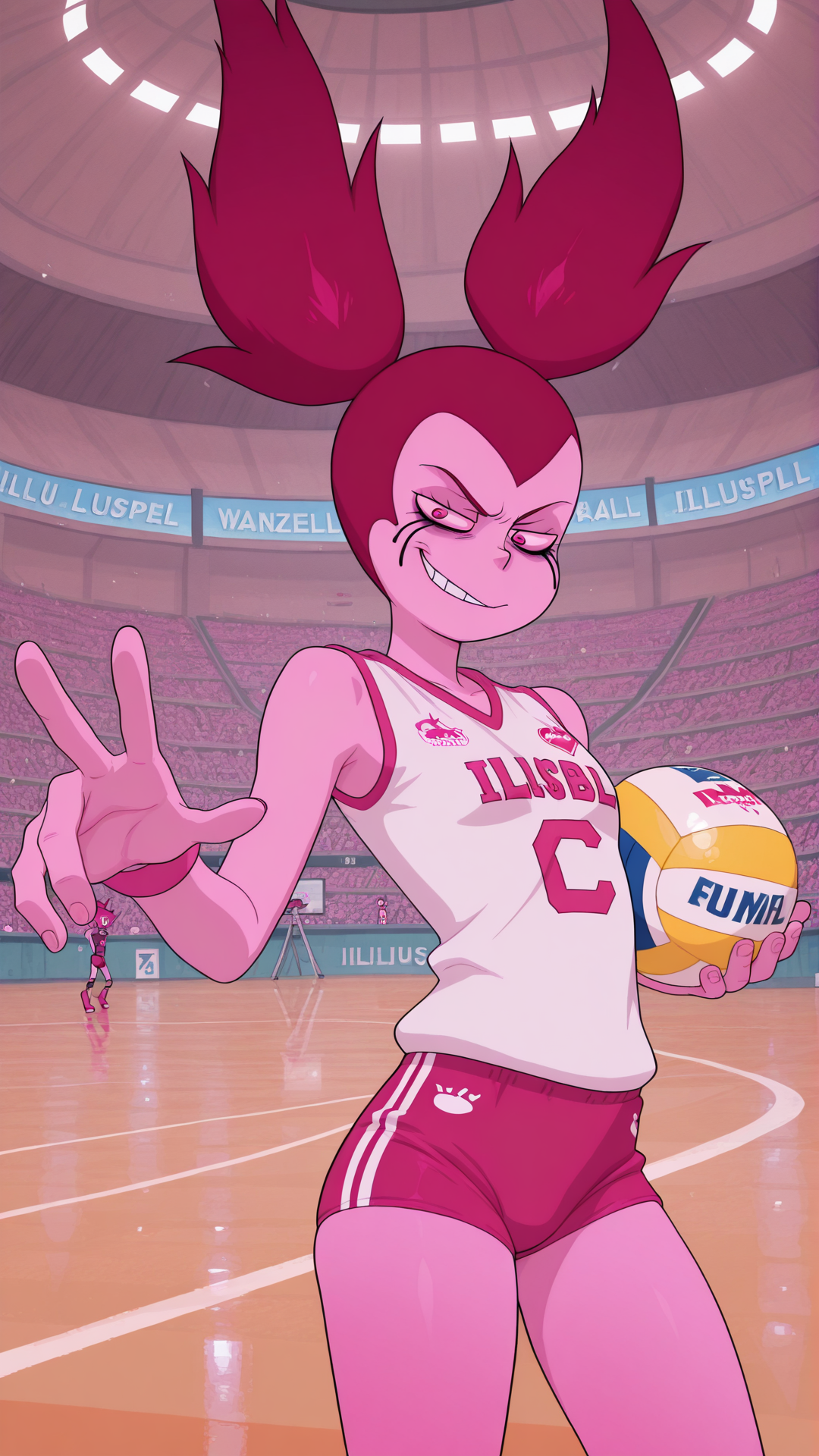 masterpiece,best quality,amazing quality, 1girl, solo,  <lora:IlluSpinel:1>  illuspnel1, twintails, pink eyes, pink hair, pink skin, <lora:volleyball uniform_illustrious_V1.0:1> volleyball uniform, shorts, buruma, smirk, holding volleyball, cowboy shot, indoors, stadium, bare shoulders,