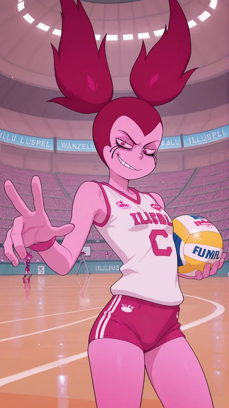 masterpiece,best quality,amazing quality, 1girl, solo, <lora:IlluSpinel:1> illuspnel1, twintails, pink eyes, pink hair, pink skin, <lora:volleyball uniform_illustrious_V1.0:1> volleyball uniform, shorts, buruma, smirk, holding volleyball, cowboy shot, indoors, stadium, bare shoulders,