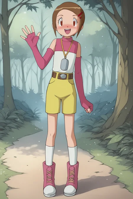 score_9, score_8_up, score_7_up, score_6_up, BREAK, KariDA2PXL, brown eyes, brown hair, short hair, red hairclip, flat chest, yellow necklace, pink shirt, detached sleeves, pink elbow gloves, fingerless gloves, belt, yellow shorts, short shorts, white socks, pink boots, solo, full body, standing, waving, seductive smile, looking at viewer, naughty face, nose blush, forest, tree <lora:KariDA2PXL:1>