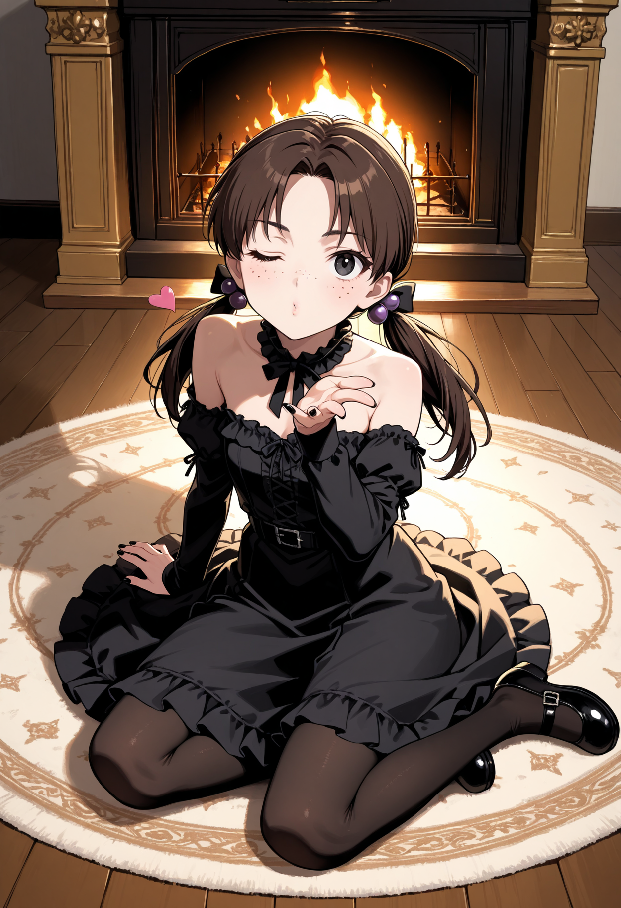 masterpiece, best quality, 1girl, solo, hikarihoraki, brown hair, twintails, freckles, hair bobbles, long hair, gothic, goth fashion, black dress, frills, hair bow, indoors, wooden floor, fireplace, (persian carpet), carpet, yokozuwari, sitting, arm support, full body, from above, black eyes, black nails, detached sleeves, bare shoulders, pantyhose, mary janes, black footwear, on floor, looking at viewer, puckered lips, blowing kiss, hand up, one eye closed, serious