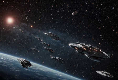 Masterpiece. High quality. Perfect quality. Full body picture  of:
Human space fleet traveling through deep space. Civilian and military ships.
Nebulas and stars behind. 
Battlestar galactica style.
realisticvision-negative-embedding, Movie Still, Film Still, Cinematic, Cinematic Shot, Cinematic Lighting, JuggernautNegative, detailxl.