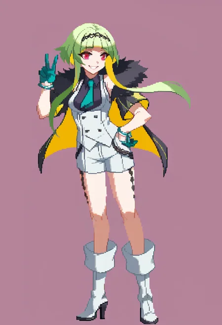score_9, score_8_up, score_7_up, source_anime, BREAK, solo, 1girl, <lora:Dengeki_Bunko-pdxl_Fp:1>, simple background, full body, standing, looking at viewer, smile, <lora:Ringo-pdxl_Fp:1>, ringosh2, short hair with long locks, green hair, multicolored hair, red eyes, hairband, white vest, white shorts, gloves, necktie, smile, shirt, body markings, sleeveless, collared shirt, jacket, cropped jacket, fur trim, hand on own hip, high heel boots, white footwear, v