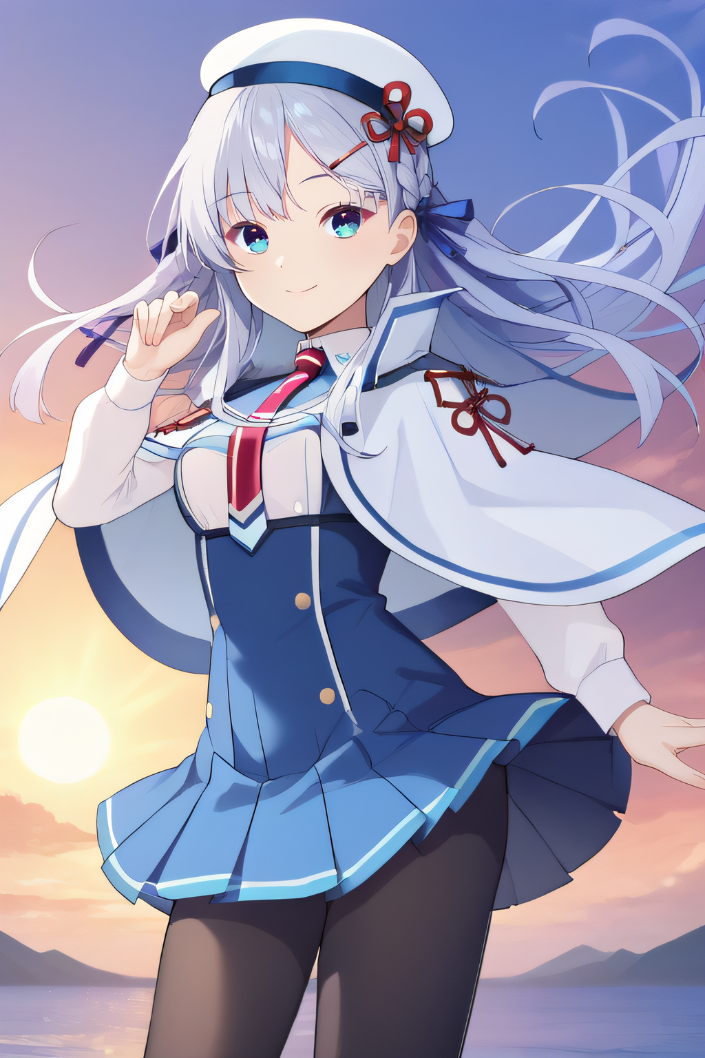 score_9, score_8_up, score_7_up, source_anime, rating_safe, intricate details, anime screencap, official style, 1girl, solo, <lora:Suzakuin_Nadeshiko:1>, suzakuin, floating hair, hair ears, blunt hair, blue eyes, white beret, white capelet, blue_chest_bow, red necktie, blue skirt, pleated skirt, black pantyhose, looking at viewer, smile, simple background, cowboy shot, standing, hand up, outdoor, sun, five fingers