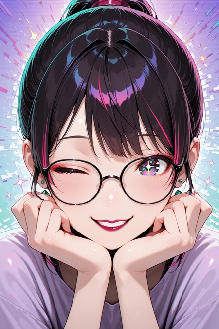 lazympos, neon, glitch art, 1girl, closeup, ((Asian, round face)), glasses, dark hair, neon streaks, short hair, ponytail, sparkling eyes, innocent expression, winking, slight grin, coy, lavender top, emerald stud earrings, maroon lipstick, stylish, head resting on hands, ((detailed eyes)), suggestive, vibrant background, glitch background, dynamic angle, dynamic pose, abstract
