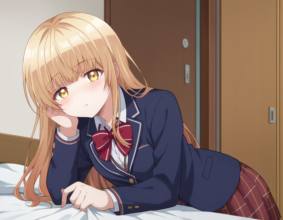 score_9, score_8_up, score_7_up, source_anime,
mahirushiina, <lora:mahiru-shiina-s1-ponyxl-lora-nochekaiser:1>
mahiru shiina, bangs, blonde hair, brown hair, yellow eyes,
long hair, skirt, bow, school uniform, jacket, pleated skirt, plaid, plaid skirt, blazer, cardigan, blue blazer, red bowtie,
indoors, bed, bed room, on side, blush, drunk,
looking at viewer, dutch angle, cowboy shot