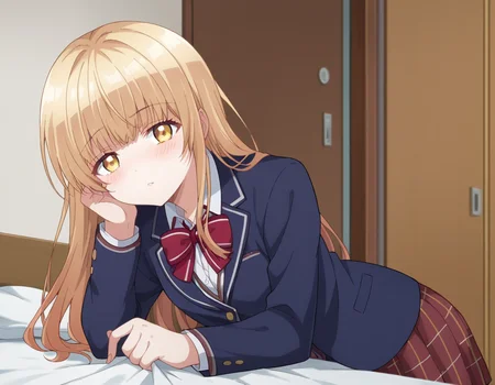 score_9, score_8_up, score_7_up, source_anime,
mahirushiina, <lora:mahiru-shiina-s1-ponyxl-lora-nochekaiser:1>
mahiru shiina, bangs, blonde hair, brown hair, yellow eyes,
long hair, skirt, bow, school uniform, jacket, pleated skirt, plaid, plaid skirt, blazer, cardigan, blue blazer, red bowtie,
indoors, bed, bed room, on side, blush, drunk,
looking at viewer, dutch angle, cowboy shot