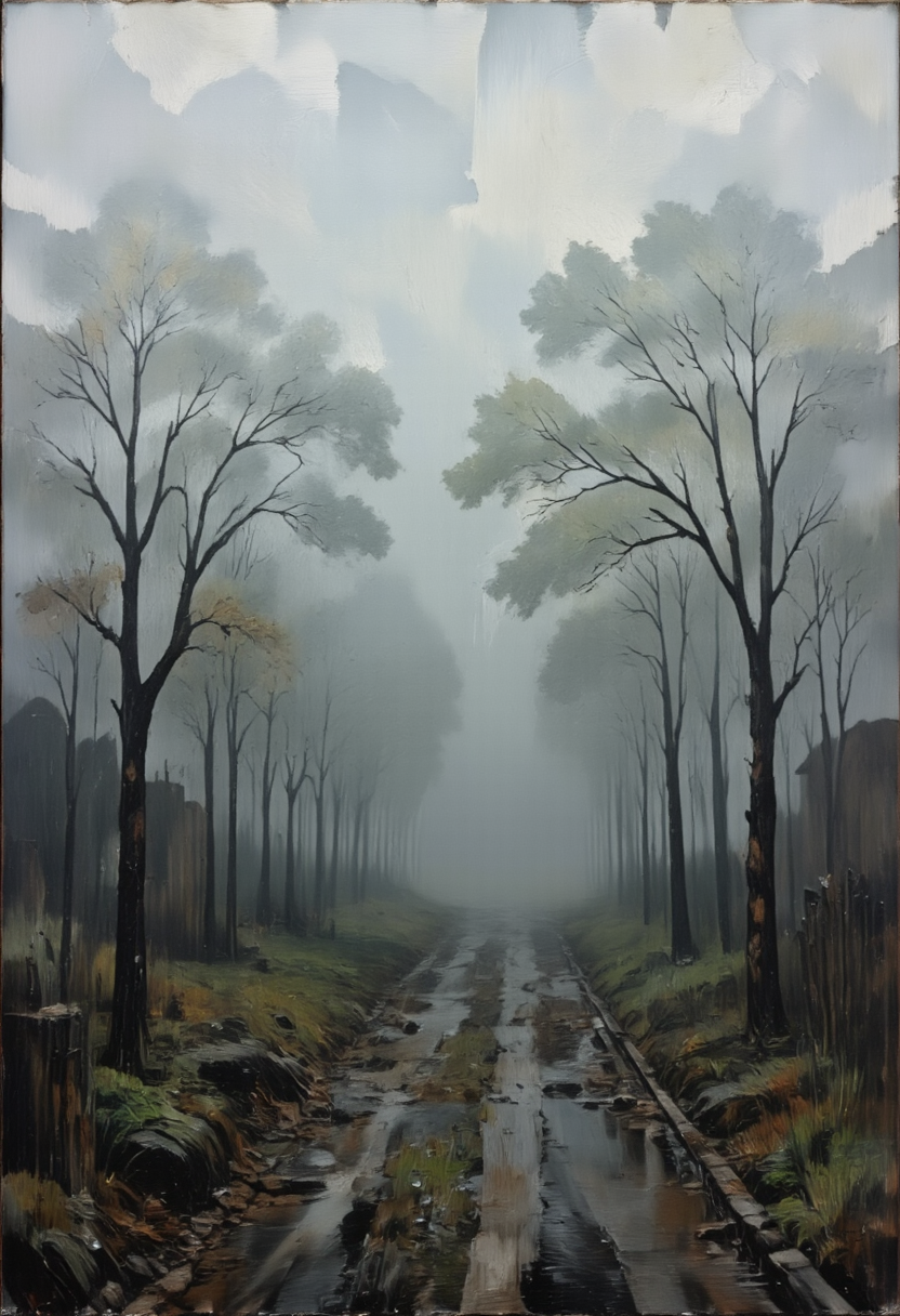 A foggy morning where the world seems lost in gray mist, Melancholic Weather, in memadukan_painter art style, <lora:Memadukan_Brush_Strokes_of_Fineart-000006:1.0>