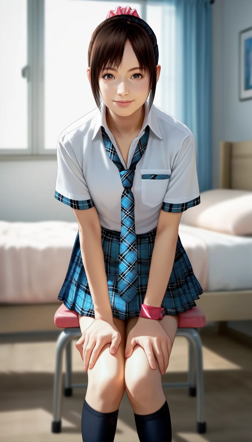 score_9,score_8_up,score_7_up,<lora:MiiyamotoHikari:0.9>,
miiyamotohikari,
highres,bloom,Volumetric Lighting,photorealism,
1girl,solo,black hair,ponytail,bangs,pink scrunchie,
brown eyes,looking at viewer,smile,
white collar shirt,blue plaid necktie,blue plaid skirt,
red wristband,black kneehighs,
full body,sitting,leaning forward,
blurry background,indoors,bedroom,