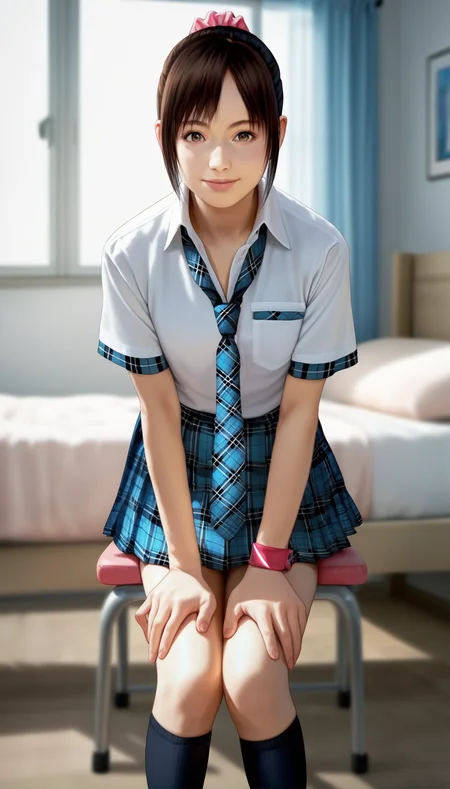 score_9,score_8_up,score_7_up,<lora:MiiyamotoHikari:0.9>,
miiyamotohikari,
highres,bloom,Volumetric Lighting,photorealism,
1girl,solo,black hair,ponytail,bangs,pink scrunchie,
brown eyes,looking at viewer,smile,
white collar shirt,blue plaid necktie,blue plaid skirt,
red wristband,black kneehighs,
full body,sitting,leaning forward,
blurry background,indoors,bedroom,
