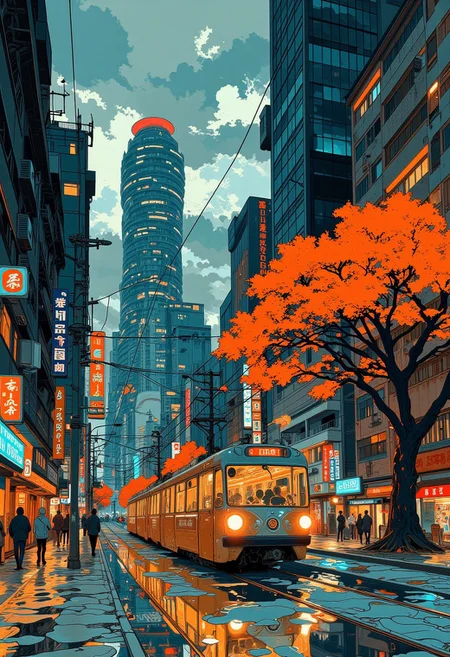 A dynamic urban scene in a modern, detailed, and semi-realistic art style. The composition centers on a city tram moving along glistening, wet tracks, reflecting the warm glow of its lights. The tram is positioned in the lower right quadrant, heading towards the viewer, with its interior softly illuminated, revealing silhouettes of passengers inside. The front of the tram displays glowing red signage in a stylized Asian script, adding cultural specificity. In the foreground, the tracks reflect the golden and white lights from the tram and surrounding streetlights. To the sides, densely packed urban buildings rise vertically, featuring illuminated signage in both warm tones and contrasting neon hues. A vibrant sepia-leaved tree occupies the lower right corner, its branches extending into the scene, adding a striking natural contrast to the urban landscape. In the midground, pedestrians are visible near the tram, subtly blurred to emphasize the motion and energy of the city. The background features towering skyscrapers, with one prominent building displaying a rounded red-lit rooftop, framed against a dramatic sky filled with dense, layered clouds. The wet ground and tracks reflect the vibrant lights and colors, enhancing the visual impact with realistic textures.