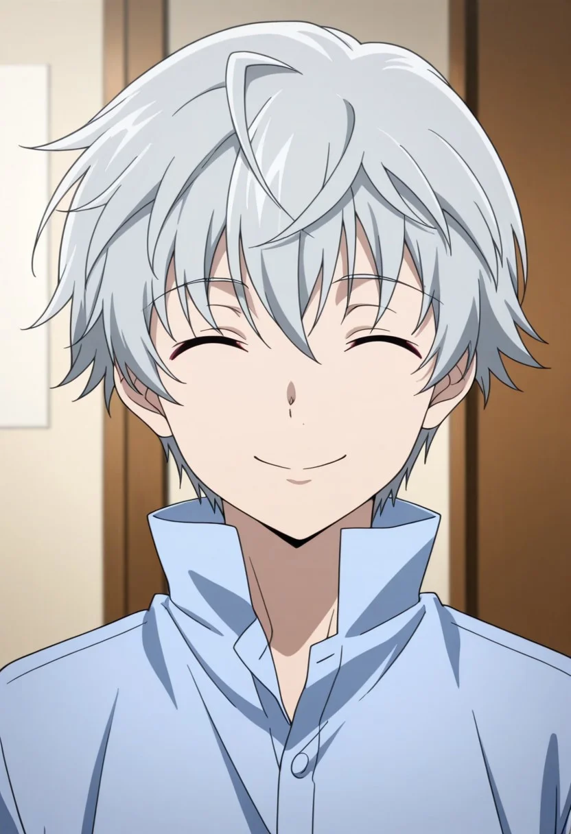 masterpiece,best quality,amazing quality, source_anime,
aruakise, 1boy, male focus, solo, pink eyes, grey hair, shirt, blue shirt, high collar, smile, closed eyes, happy, looking at viewer,