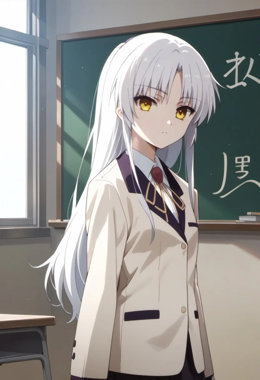 score_9, score_8_up, score_7_up, source_anime, tachibana kanade, white hair, long hair, yellow eyes, 1girl, solo, school uniform, jacket, blazer, chalkboard