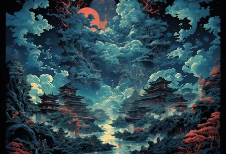 Anime illustration inspired by the four elements of nature, reminiscent of the style of James Jean, the iconic Goku from Dragon Ball navigates a port city setting, depicted in a poster format akin to the detailed atmospheric portraits of John Pitre, combining elements of deathcore and biopunk horror art. The dark and intricate scene unfolds with unique illustrations and precisionist oil painting techniques, incorporating airbrushed mystical landscapes and intricate psychedelic details, all in a palette of dark azure and red, evoking a witchcore aesthetic.