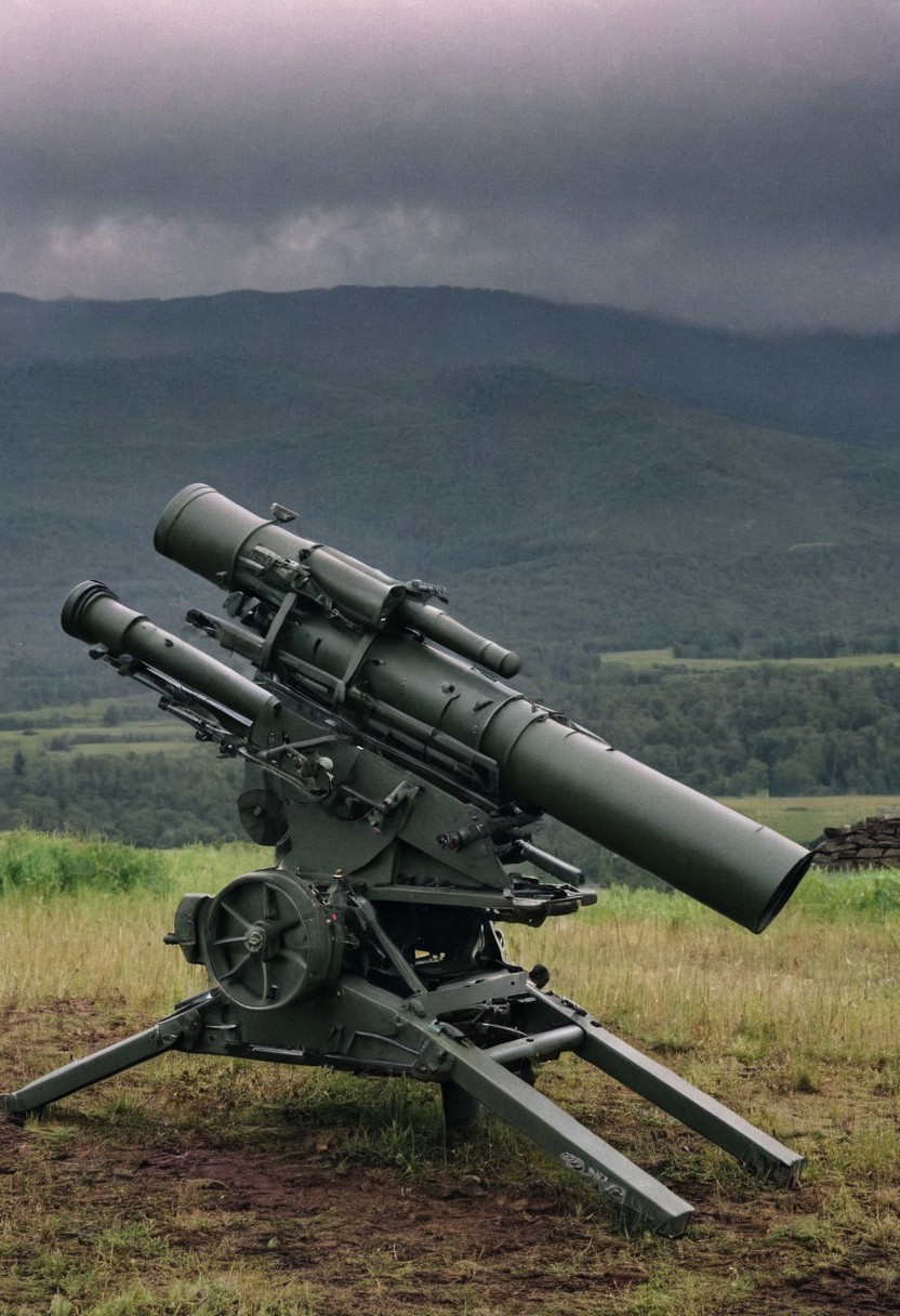a modern anti-aircraft with rotating dis canons perfect and beautiful, weapons pointed at the dark and rainy sky, flat relief with some hills in the background , 4K, highly detailed, stylish grainy analog 35mm film photo