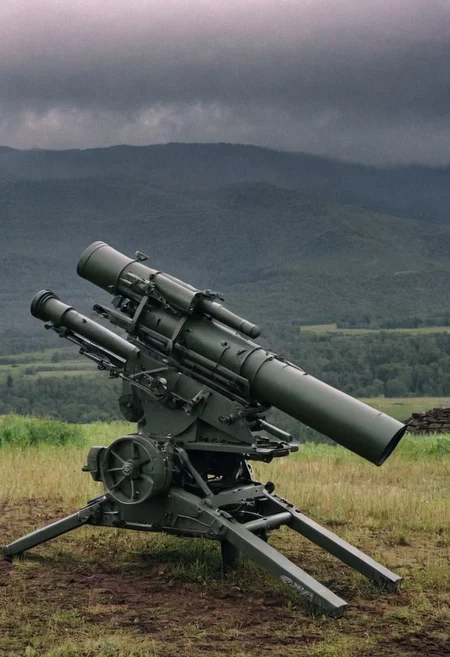 a modern anti-aircraft with rotating dis canons perfect and beautiful, weapons pointed at the dark and rainy sky, flat relief with some hills in the background , 4K, highly detailed, stylish grainy analog 35mm film photo