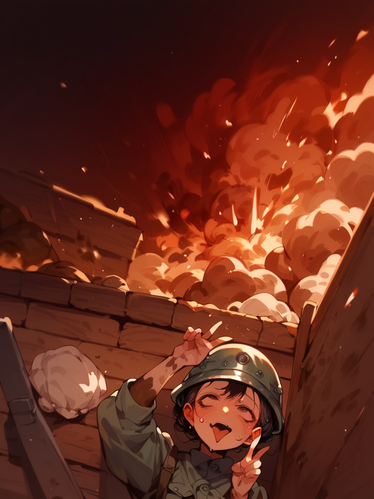 score_9,score_8_up,score_7_up,score_6_up,source_anime,<lora:trenchwarfarepony:1>,trench warfare,1girl,upper body,wooden wall,muddy,explosion,sweat,double v,<lora:ahebomb_pony:1>,ahebomb,